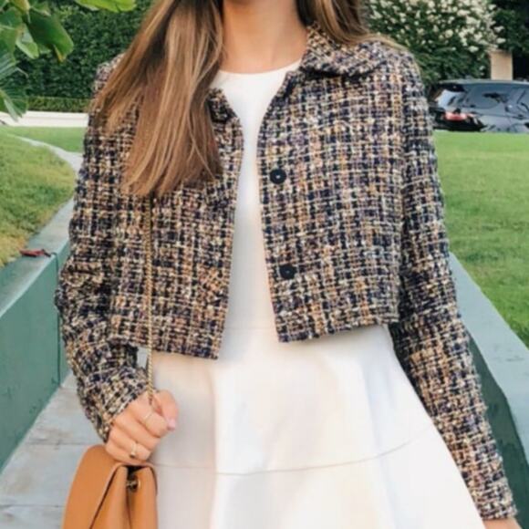 Gal Meets Glam Tweed Cropped Navy & Gold Blazer Size 18 - Picture 2 of 10